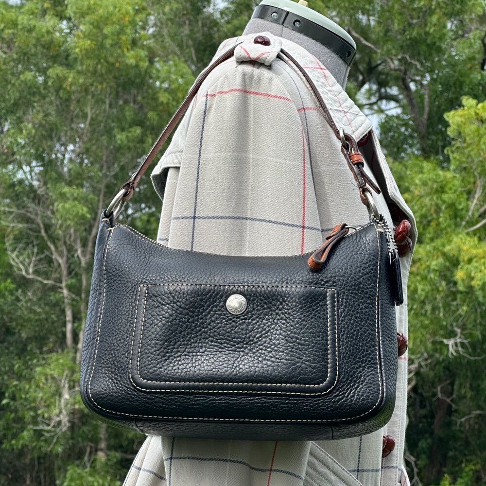 COACH Chelsea Hobo Shoulder Bag Soft Black Leather Brown Trim Silver 10890